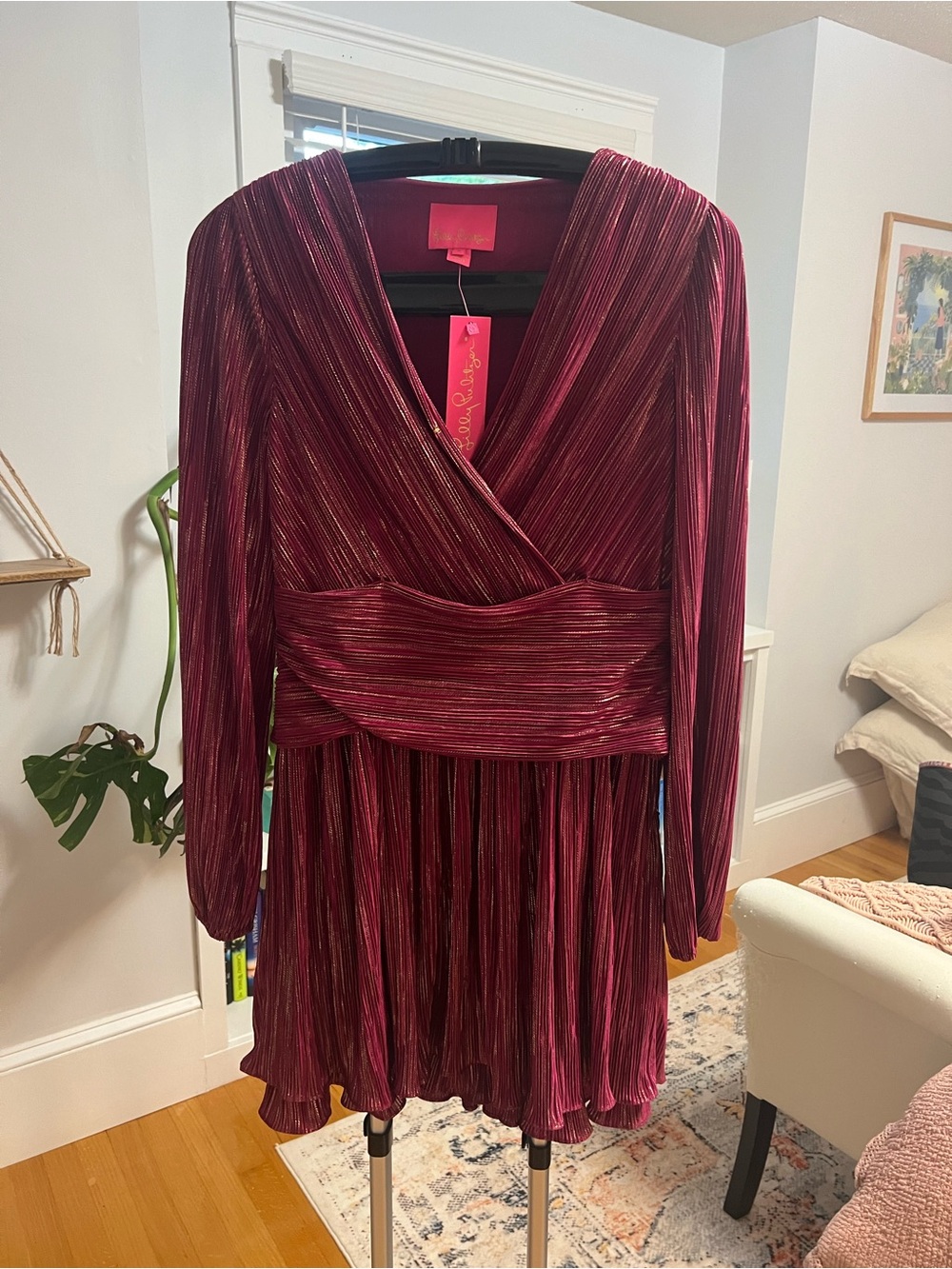 Lilly Pulitzer Wine Pleated Long Sleeve Wrap Dress